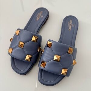 Valentino Roman Stud Flat Slide Sandal In Quilted Nappa Slipper size 38 /8
